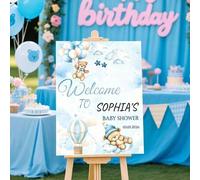 Shein Cartel de bienvenida personalizado de oso de peluche, decoración de fiesta de bienvenida para bebé niño, póster de globo azul, decoración de porche de