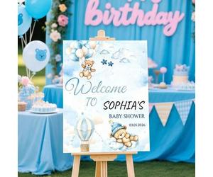 Shein Cartel de bienvenida personalizado de oso de peluche, decoración de fiesta de bienvenida para bebé niño, póster de globo azul, decoración de porche de