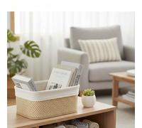 Shein Cesta de almacenamiento de bambú fina, caja decorativa para juguetes infantiles, cesto para mantas, ropa y toallas, color blanco y negro, disponible e