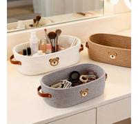 Shein Cesta de almacenamiento tejida con asa de cuero y bordado de oso lindo, caja organizadora ovalada para organización del hogar y escritorio, perfecta p
