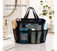 Shein Cesta de ducha portátil de malla negra, esencial para camping, ligera y elegante, adecuada para uso diario en el hogar, al aire libre y vacaciones de