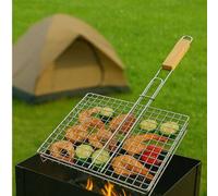 Shein Cesta plegable para barbacoa, rejilla de malla resistente al calor con mango de madera, herramienta para barbacoa y picnic al aire libre para asar mar