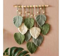 Shein Colgante de pared de macramé con hojas, tapiz de pared bohemio tejido, grandes flecos de hojas tejidos de estilo elegante, arte de pared tejido hecho