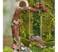 Shein Columpio de jardín de hadas en miniatura, ornamento de árbol con búho, decoración de jardín en miniatura de resina, figurita de árbol y columpio, deco