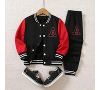 Shein Conjunto de 2 piezas estilo universitario para niños jóvenes, un suéter de punto negro con mangas blancas y gran estampado de letra A, combinado con p