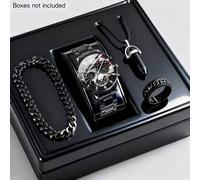 Shein Conjunto de 4 piezas de reloj de cuarzo de acero inoxidable negro de moda con calendario, pulsera, collar y anillo, el mejor reloj de uso diario para