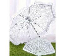 Shein Conjunto de accesorios de decoración para bodas: Paraguas de encaje y abanico de plástico de encaje, estilo europeo, paraguas de boda, conjunto de par
