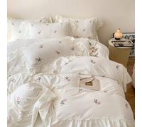 Shein Conjunto De Cama Elegante Con Bordado De Rosa Y Borde Fruncido, Incluye Funda Nórdica Y Fundas De Almohada, Conjunto De 3 Piezas
