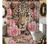 Shein Conjunto de cortina de ducha con estampado de leopardo y rosa rosa con 12 ganchos en forma de C - Impermeable, lavable a máquina, estampado animal - A