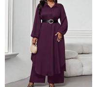 Shein Conjunto de otoño e invierno de camisa de manga obispo con bolsillo de cuello morado-rojo tejido, elegante y casual para el trabajo, de talla grande
