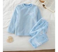 Shein Conjunto de ropa de estar por casa para niñas con estampado de lazo, manga larga y pantalón largo de felpa