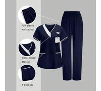 Shein Conjunto de uniforme de ropa de trabajo de top de manga corta y pantalones con empalmado de dos tonos