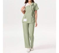 Shein Conjunto de uniforme de trabajo con blusa y pantalones de contraste de color cuello en V