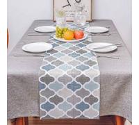 Shein Corredor De Mesa De Lino De Estilo Marroquí Azul Gris Con Cuadros Geométricos Para Decoración De Fiestas, Lavable, Adecuado Para Tocador, Cocina, Come