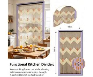 Shein Cortina de cuentas de madera natural ondulada de 52 hebras 90*195cm, cortina de puerta con cuentas geométricas bohemias, cortina colgante divisoria de