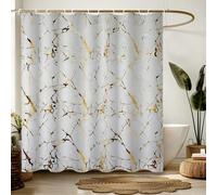 Shein Cortina de ducha de mármol blanco y dorado con ganchos de plástico, decoración con brillo, impresión dorada única, resistente al agua y lavable, adecu