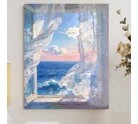 Shein Cortina de encaje con escena de océano y vista de ventana, pintura al óleo digital DIY de paisaje, decoración del hogar hecha a mano para adultos, reg