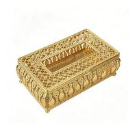 Shein Cubierta de caja de pañuelos de metal con filigrana dorada vintage, dispensador de servilletas rectangular con calado de encaje hueco y patas de bola,