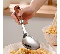 Shein Cuchara de arroz de acero inoxidable, pala de arroz antiadherente, cuchara de servir de mango largo, cuchara de arroz de mango de madera grande