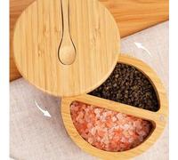 Shein Cuencos de bambú para sal y pimienta, salero dividido con tapa giratoria y cuchara, tarros de especias con tapa magnética para mantener seco, mini cuc