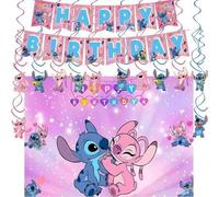 Shein Decoración de fiesta con banderines giratorios con diseño de Stitch, fondo de tela rosa con Stitch para decoración de fiesta