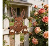 Shein Decoración de valla con burro de metal oxidado asomándose, arte de jardín con animal de granja divertido, decoración de pared con cabeza de burro de e