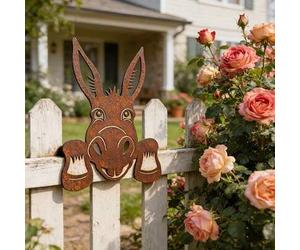 Shein Decoración de valla con burro de metal oxidado asomándose, arte de jardín con animal de granja divertido, decoración de pared con cabeza de burro de e