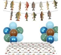 Shein Decoración para fiesta de pesca, set de vajilla con temática de pesca que incluye mantel, bandera, globo para decoraciones de pescador, decoraciones d
