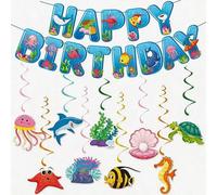 Shein Decoraciones de fiesta de cumpleaños con animales marinos submarinos, pancarta azul de feliz cumpleaños y decoración colgante en espiral, suministros