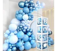 Shein Decoraciones para baby shower de niño con cajas de globos azul bebé, kit de arco de globos blancos y azules, cajas de bebé con letra (Bebé+Niño) para
