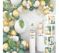 Shein Decoraciones para baby shower en verde salvia - Set de 4 cajas de bebé con letras para niño y niña, kit de arco de globos verde salvia y blanco, decor