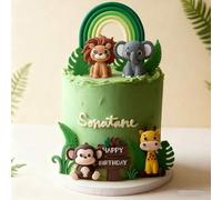 Shein Decoraciones para pastel de fiesta de cumpleaños con tema de la jungla | Modelos de jirafa y mono con tema salvaje, hojas verdes, cartel de "Feliz cum