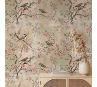 Shein Elegante mural de pared con estampado de flores de cerezo al estilo chinoiserie, pájaros y flores en tonos pastel, papel tapiz botánico