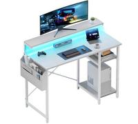 Shein Escritorio de oficina con luz LED, mesa de oficina con soporte para monitor para uso en casa o en la oficina, escritorio de esquina con bolsa de almac