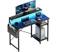 Shein Escritorio de oficina con luz LED, mesa de oficina con soporte para monitor para uso en casa o en la oficina, escritorio de esquina con bolsa de almac