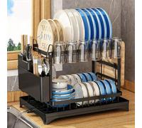 Shein Escurridor de platos de 2 niveles de acero inoxidable grande con bandeja de goteo para encimera de cocina - Sostiene platos, cuchillos, tazas y tablas