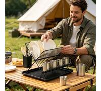 Shein Escurridor de Platos Plegable 35x36.5 cm, Organizador de Cocina con Bandeja Extraíble, Resistente y Fácil de Almacenar, Color Negro