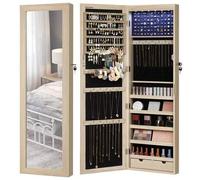 Shein Espejo Joyero LED, 120 cm de Alto con Cerradura, Armario Joyero de Pared o Montado en la Puerta, Organizador de Joyas con Espejo, 2 Cajones, 10 x 37 x