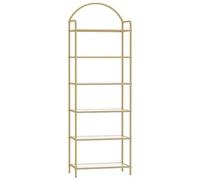 Shein Estantería de 6 niveles de vidrio templado, delgada, para dormitorio, baño y oficina en casa, con estructura de acero, color dorado.