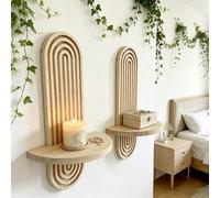 Shein Estantería de pared de madera maciza de estilo bohemio de una sola capa - Unidad de estantería de madera con grano de madera de varias capas, bandeja