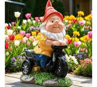 Shein Estatua de gnomo de jardín montando una motocicleta, gnomo gracioso montando una bicicleta de tres ruedas con comedero para pájaros, decoración de jar