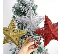Shein Estrella para la cima del árbol de Navidad, estrella de cinco puntas 3D con purpurina, adorno colgante navideño, decoración de ambiente festivo, acces