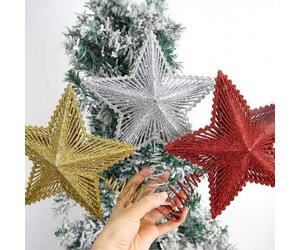 Shein Estrella para la cima del árbol de Navidad, estrella de cinco puntas 3D con purpurina, adorno colgante navideño, decoración de ambiente festivo, acces