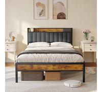 Shein Estructura de cama de 140 x 200 cm con cabecero acolchado, cabecera de cama con espacio de almacenamiento, estructura de cama con plataforma de metal,