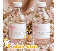 Shein Etiquetas personalizadas para botellas de agua con lazo rosa, etiquetas para botellas de agua del primer cumpleaños con lazo rosa, decoraciones para b