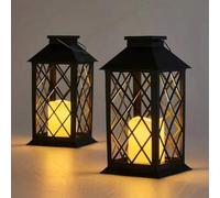 Shein Farol solar vintage, marco de metal negro resistente y a prueba de agua, luz colgante LED sin llama con cuadrícula de vela, con encendido/apagado auto