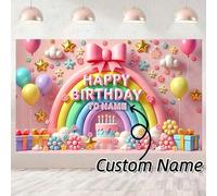 Shein Fondo de cumpleaños personalizado con lazo rosa arcoíris - Pancarta de fiesta con nombre personalizado adecuada para niñas - Fondo suave y soñador, vu