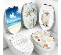 Shein Funda estampada para asiento de inodoro, asiento de WC, material MDF, 36*42,5 cm, asiento de inodoro decorativo con diseños únicos, bisagras de libera