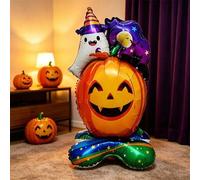 Shein Globo de lámina 3D vertical de 114 cm con calabaza y fantasma, sombrero de bruja y base de estrella - Decoración para fiesta de Halloween, truco o y a