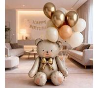 Shein Globo de papel de aluminio de oso sentado lindo de 71 cm con lazo dorado - Emparejado con globos de látex de 10 pulgadas de color champán y tono de pi